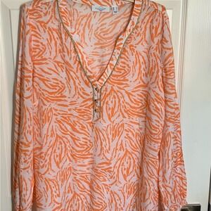 Susan Graver Passport  Orange White Print Tunic Top Blouse Women Sz Medium Beach